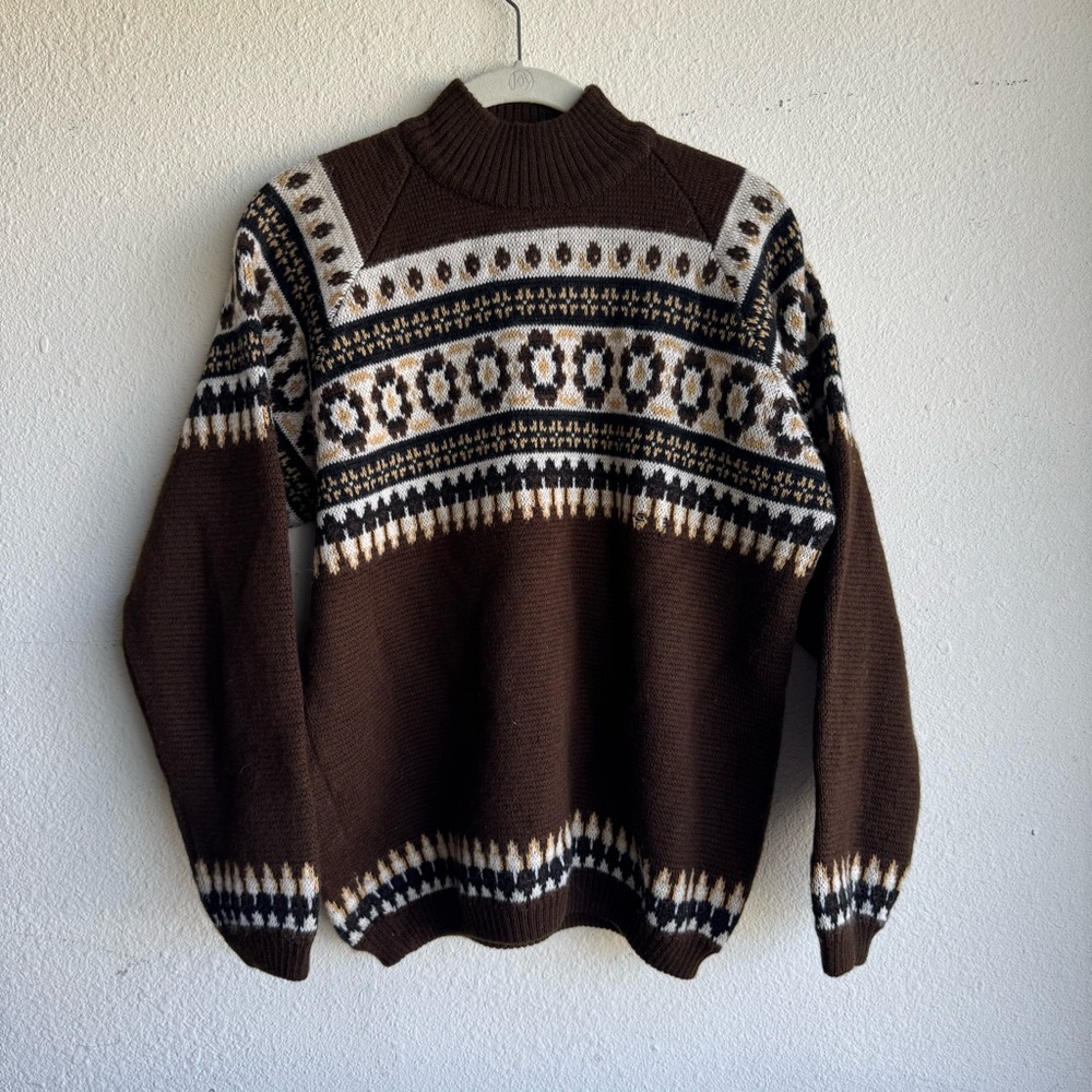 Vintage Charles Wolf Norway Brown Wool Fair Isle Sweater